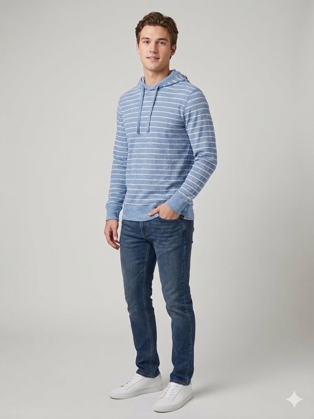 Faherty Men's Lightweight Slub Cotton Light Blue Striped Soft Pullover Hoodie